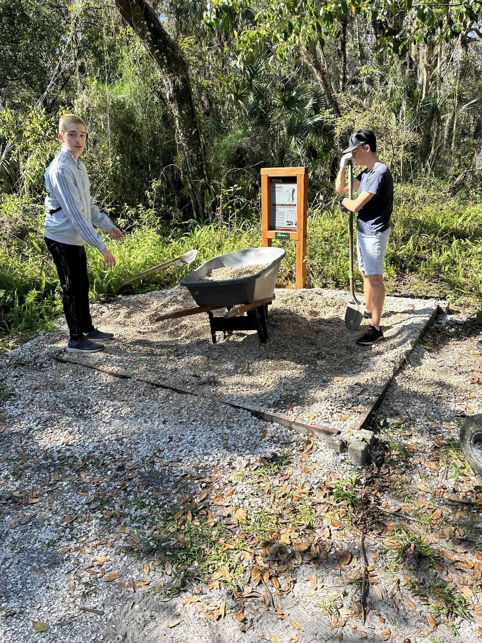 A yellow Lab and a black Lab sitting side by side on a fitness station bench in front of a Fit Trail instruction sign